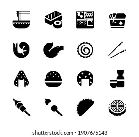 Iconos de ilustraciones vectoriales de alimentos asiáticos. Comidas japonesas, chinas, sushi, sashimi, fideos, caja de Bento, carne de arroz, camarón, pastel de pescado, bola de arroz, sake, palillos aislados colección de símbolos