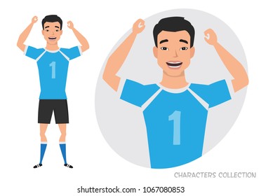Asian football character. Soccer player. Emotion of joy and glee on the man face.
