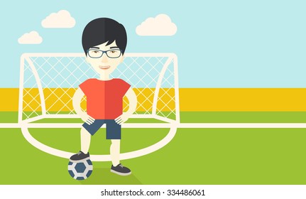An asian football player with ball standing on field of stadium vector flat design illustration. Horizontal layout with a text space for a social media post.