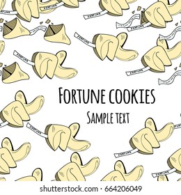 Asian fortune cookies. Hand drawn colored frame. Vector seamless pattern. Insert your own text