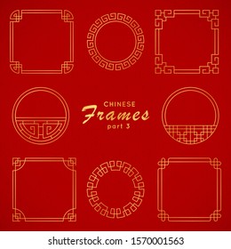 Asian frame set in vintage style on red background. Traditional chinese ornaments for your design. Vector golden japanese pattern. Artwork graphic, asian culture decoration