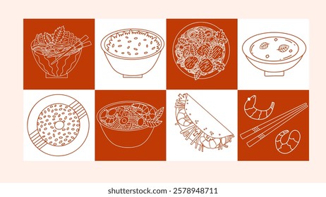 Asian fresh food in doodle style. Vietnamese popular dishes. Pho bo soup, banh xeo, com tam. Vector food line art illustration