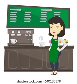 Barista asiático de ambiente agradable frente a la cafetera. Joven barista trabajando en una cafetería. Barista haciendo una taza de café. Ilustración de diseño plana vectorial aislada en fondo blanco.