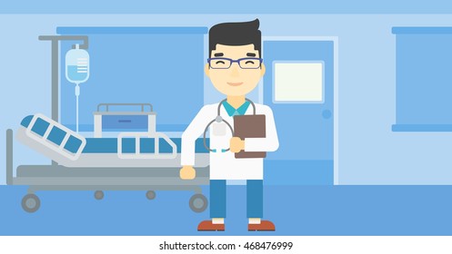 An asian friendly doctor holding a file in hospital ward . Smiling doctor with stetoscope carrying folder of patient or medical information. Vector flat design illustration. Horizontal layout.