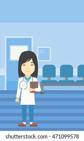 An asian friendly doctor holding a file in hospital corridor. Smiling female doctor with stetoscope carrying folder of patient or medical information. Vector flat design illustration. Vertical layout.