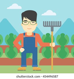 Granjero amigo de Asia con rastrillo. Granjero parado en el fondo del campo de col. Ilustración de diseño plana vectorial. Diseño cuadrado.
