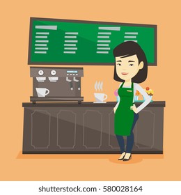 Asian friendly female barista standing in front of coffee machine. Young female barista at work in coffee shop. Barista making a cup of coffee. Vector flat design illustration. Square layout.