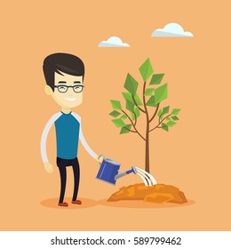 Asian friendly man watering tree. Smiling male gardener with watering can. Young man gardening. Concept of environmental protection. Vector flat design illustration. Square layout.