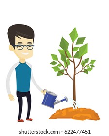 Asian friendly man watering tree. Smiling male gardener with watering can. Young man gardening. Concept of environmental protection. Vector flat design illustration isolated on white background.