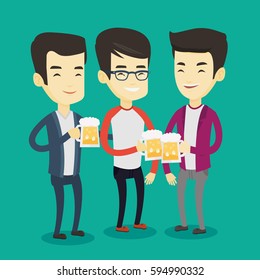 Asian friends clanging glasses of beer. Men toasting and clinking glasses of beer. Group of friends enjoying a beer at pub. Men drinking beer. Vector flat design illustration. Square layout.