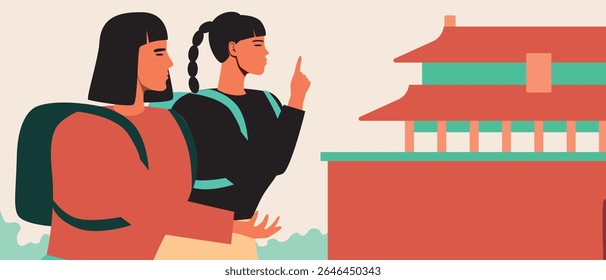 Amigos asiáticos, família ou casal Explorando uma cidade asiática durante a viagem, ilustração de stock de vetor plano como turista feliz conceito