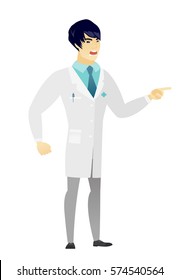 Asian furious doctor screaming and pointing his finger to the right. Full length of aggressive doctor screaming and shaking his finger. Vector flat design illustration isolated on white background.
