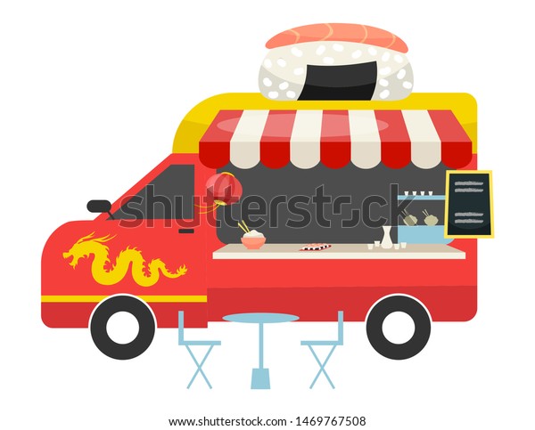 Asian fusion food truck flat vector\
illustration. Red bus with counter, table, chairs. Street meal car.\
Noodles, sushi and wok van. Chinese cuisine restaurant on wheels\
isolated on white\
background