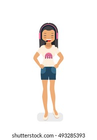 Asian gamer girl in flat style. Asian girl in headset. Vector illustration. Child with headphones. Happy gamer girl. Asian woman on white background. Asian pro player.