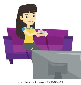 Asian gamer sitting on sofa and playing video game on the television. Excited young woman with console in hands playing video game at home. Vector flat design illustration isolated on white background