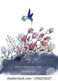 Fondo de jardín asiático. Conjunto vectorial de flora y fauna asiáticas: flor de colibrí y magnolia