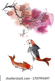 Asian garden background. Vector set of asian flora and fauna: fish, dragonfly and magnolia flowers