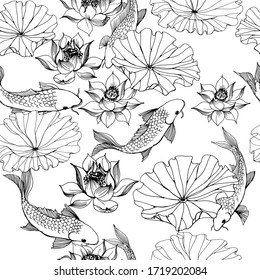 Asian garden. Hand drawn seamless pattern with  lotus flower