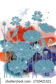 Asian garden. Hand drawn sketch and watercolor illustration of lotus flower and japan fish