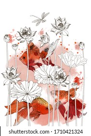 Asian garden. Hand drawn sketch and watercolor illustration of lotus flower and japan fish