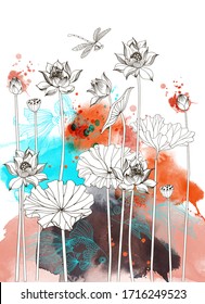 Asian garden. Hand drawn sketch and watercolor illustration of lotus flower and japan fish