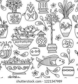 Asian garden with plants in ceramic pots, seamless pattern for your design