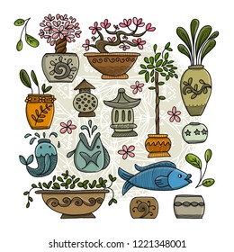 Asian garden with plants in ceramic pots, sketch for your design