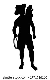 Asian gardener with monkey for coconut picking silhouette vector