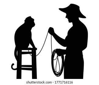 Asian gardener with monkey for coconut picking silhouette vector