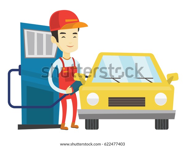 Asian gas station worker filling up fuel into
the car. Smiling worker in workwear at gas station. Young gas
station worker refueling a car. Vector flat design illustration
isolated on white
background