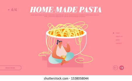 Asian Gastronomy Website Landing Page. Overweight Woman Sitting at Huge Bowl Eating Noodles with Wooden Chopsticks. Oriental Cuisine and Chinese Food Web Page Banner. Cartoon Flat Vector Illustration