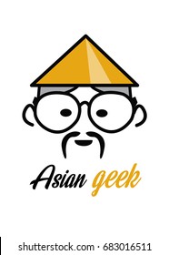 Asian geek man / Asian geek with mustache and conical hat logo isolated on white background