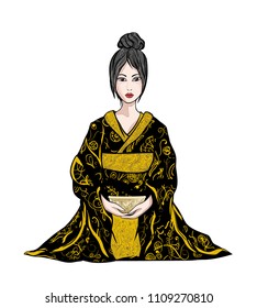Asian geisha girl in Japanese black kimono with gold, gilded floral ornament sitting with tea in hands - traditional cultural ethnic costume 
 dress rite vector on white background