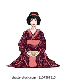 Asian geisha girl in Japanese pink kimono. Dress with floral ornament. Girl sitting with tea in hands - traditional cultural ethnic costume rite. Vector on white background for decorative card