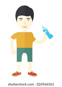 Un caballero asiático que toma agua vectorial ilustración de diseño plano aislado en fondo blanco. Un concepto saludable de fitness. Diseño vertical de afiches.