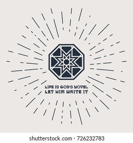 Asian geometric ornament with religious quote. Vector poster