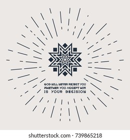 Asian geometric ornament with religious quote. Vector poster