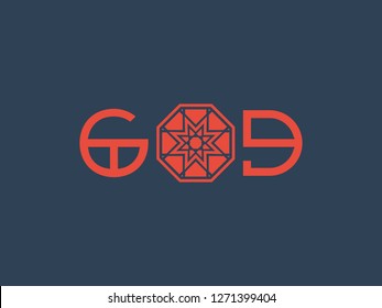 Asian geometric ornamental typography design of God text. Vector religious background
