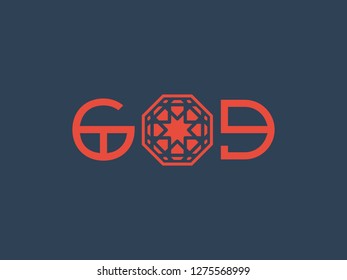 Asian geometric ornamental typography design of God text. Vector religious background