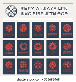 Asian geometric ornaments with religious quotes. Vector set of posters