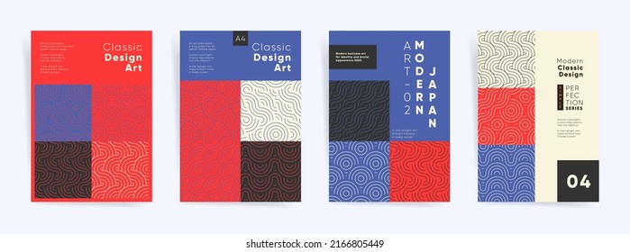 Asian geometry identity brochure or flyer set. Business company template for presentation, book cover, poster, report. A4 vertical modern design set. Japanese abstract geometric patterns.