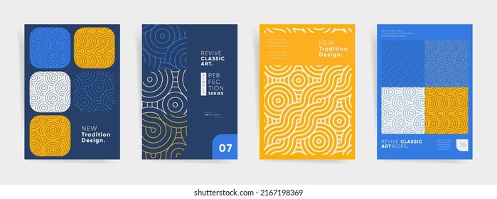 Asian geometry identity brochure or flyer set. Business company template for presentation, book cover, poster or report. A4 vertical vector front page mock up set. Japanese abstract geometric design.