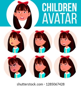 Asian Girl Avatar Set Kid Vector. Kindergarten. Face Emotions. Preschool, Baby, Expression. Birth, Life, Emotional. Print, Invitation. Cartoon Head Illustration
