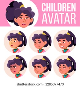 Asian Girl Avatar Set Kid Vector. Primary School. Face Emotions. Flat, Portrait. Youth, Caucasian. Colorful Design. Cartoon Head Illustration