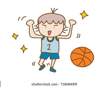 an Asian girl in basketball player outfits is warming up with enthusiastic face