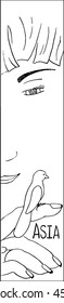 Asian girl with bird vector illustration in manga style. Coloring page or bookmark. Narrow vertical hand-drawn monochrome sketch. Chinese woman face in cartoon style for wall decor, bookmark, print