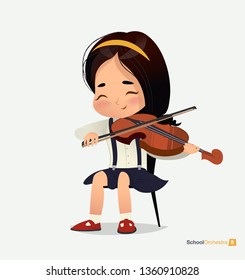 Asian Girl in Blue Skirt Sit on Chair Play Violin. Music Stereo Sound. Creative Acoustic Studio. Happy Young Person. Teenage Band Performance Concert Flat Cartoon Vector Illustration