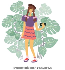 Asian girl with braids posing for selfie on smartphone with tropical leaves background. Vector illustration