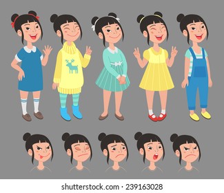 Asian Girl Character. Set of different poses, clothes, emotions