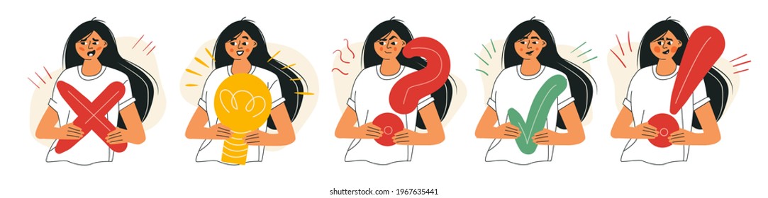 Asian girl is checking fact Smiling angry and surprised female character face expressions. Abstract simple gesture collection set with positive and negative elements. Flat cartoon vector illustration